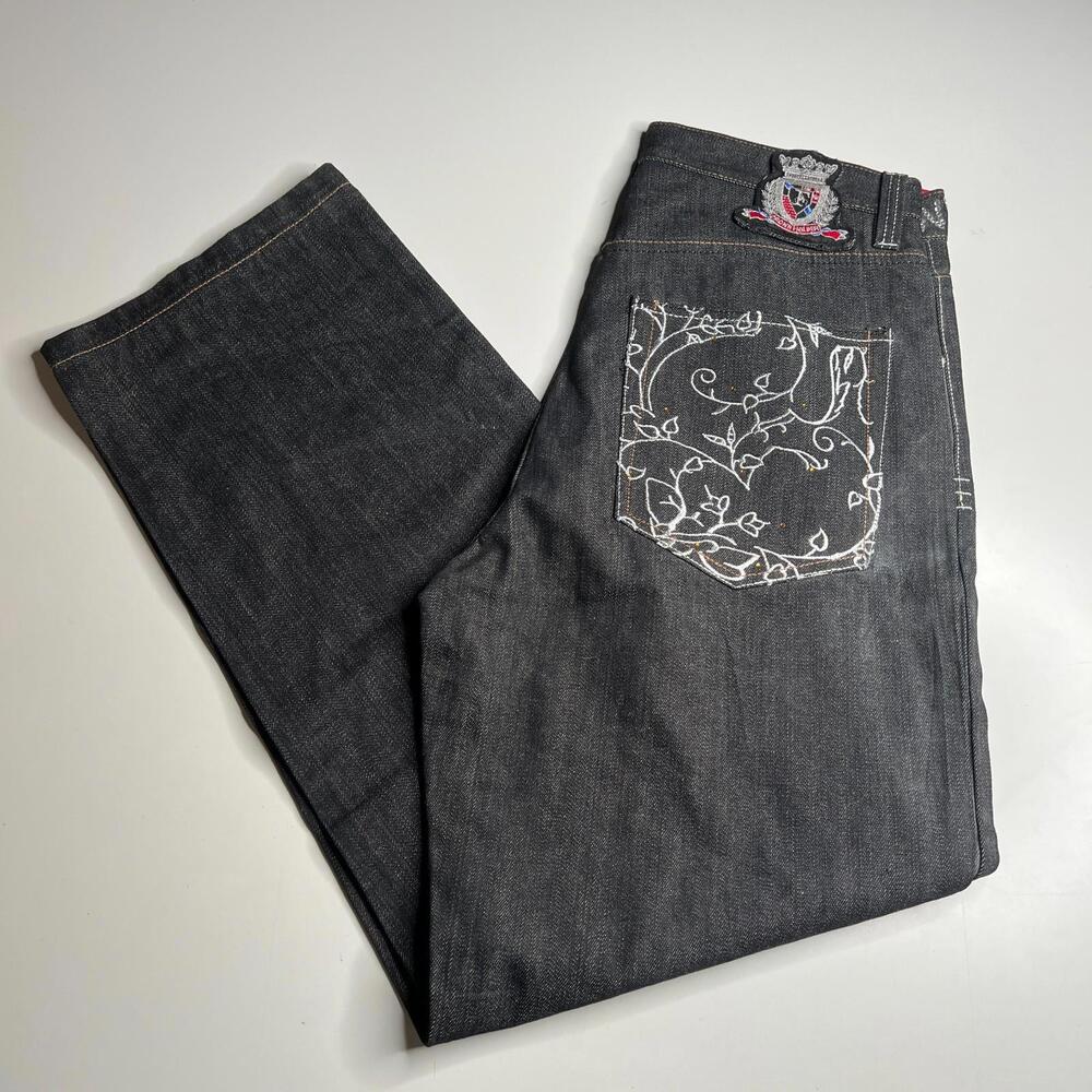 The Crown Holder Raw Black‎ Denim Jeans 36x34 Embroidered Rhinestone Detail